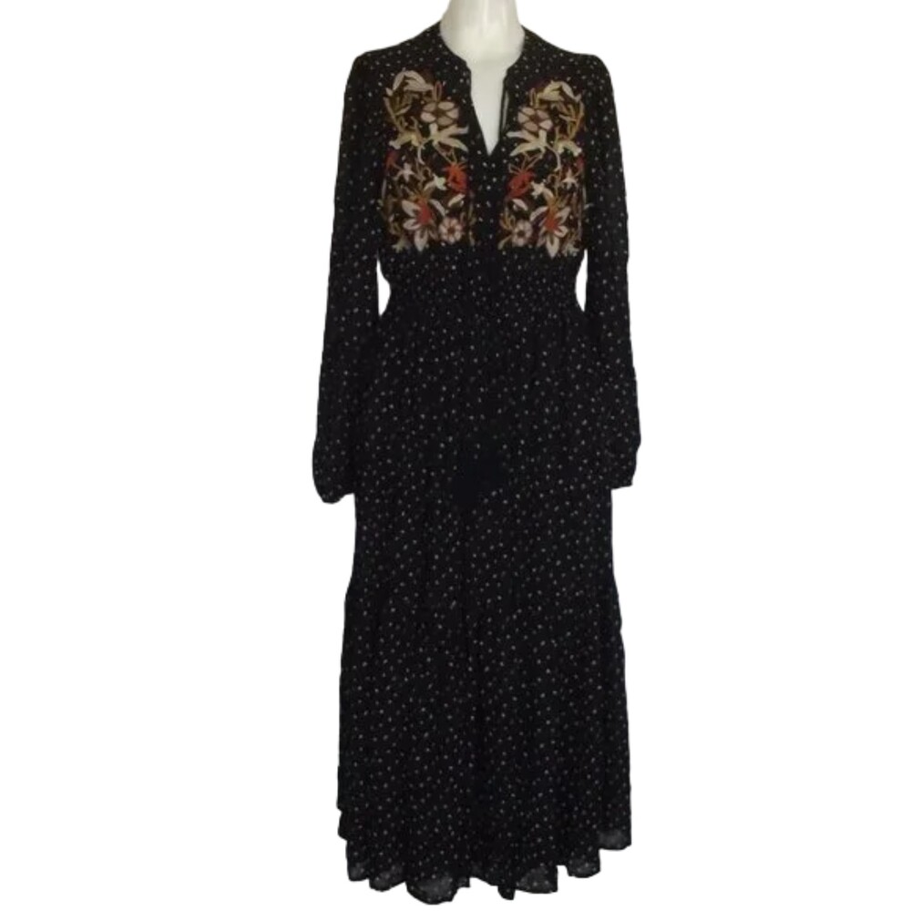 RUSTTYDUSTTY Midi Dress, S, Black, Floral Embroidery, Ruffles, Long sleeve - Picture 10 of 13